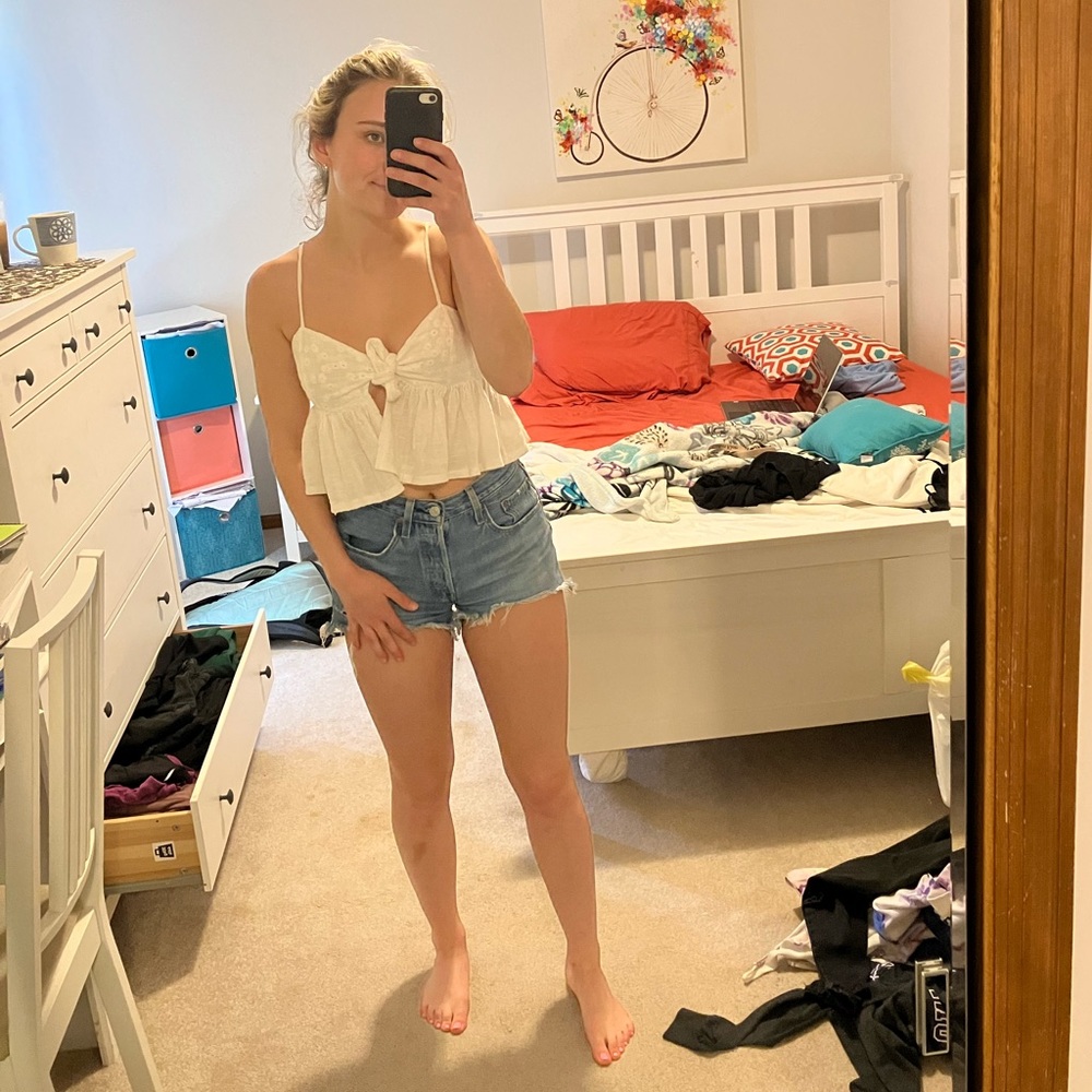 White tie front spaghetti strap shirt